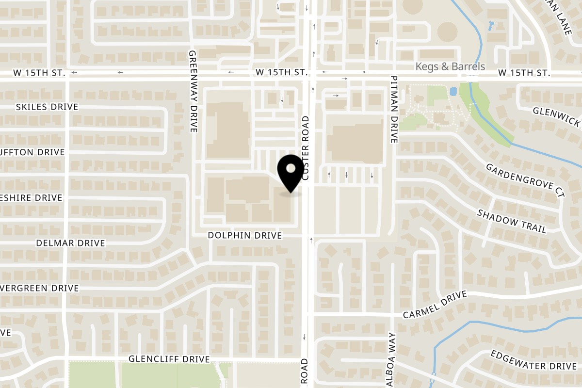 Map showing the location of Kuppanna | South Indian Restaurant Plano on 1301 Custer Rd in Plano